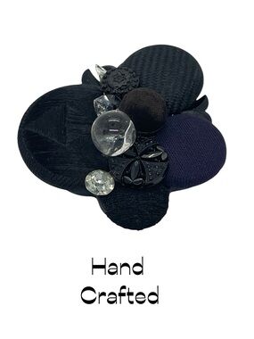 Hand Crafted Antique Black Clear Fabric Resin Glass Buttons Brooch NWT